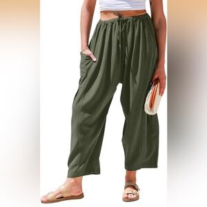 Olive Green Relaxed Drawstring linen style Pants
